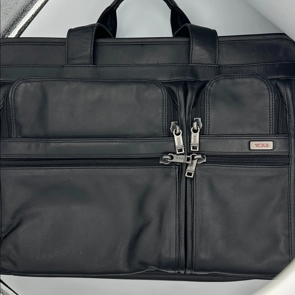 Tumi Alpha Leather Expandable Organizer Briefcase Black Laptop Bag
